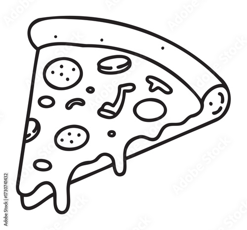 Dripping cheese pizza slice with pepperoni and mushrooms - black and white line art - stock vector