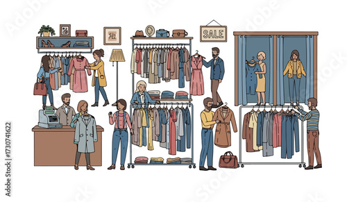 Illustration of people shopping for clothes in a store, browsing racks, trying on outfits in fitting rooms, and making purchases at the counter.