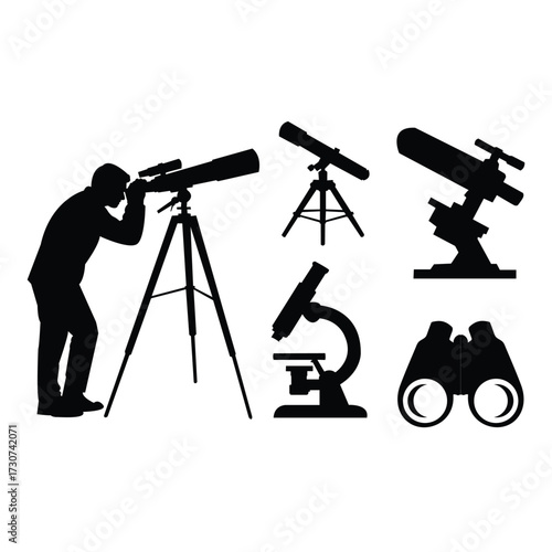 Comprehensive silhouette collection of optical and scientific equipment, featuring a man with a telescope, microscope, and binoculars.