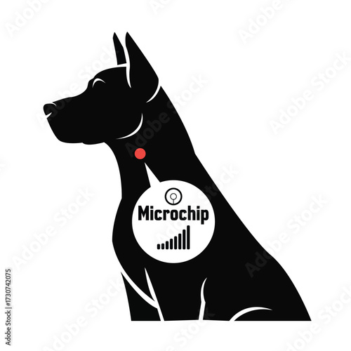 Black silhouette graphic of a dog with a microchip callout, representing pet identification, safety, animal tracking technology, and veterinary care.