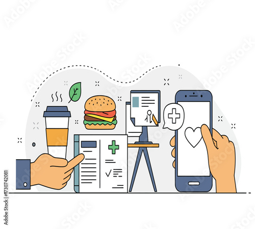 Illustration of a healthy lifestyle with a coffee cup, a red mug, a burger, a leaf, a computer, a trash can, a lamp, and a smartphone concept of balance and wellbeing