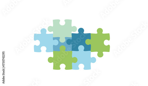 Interlocking puzzle pieces in shades of blue and green forming a partial square shape.