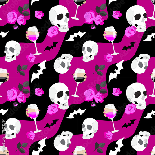 Seamless Halloween pattern with skulls, bats, roses, and wine glasses on a black and pink background. Print, wallpaper, vector illustration