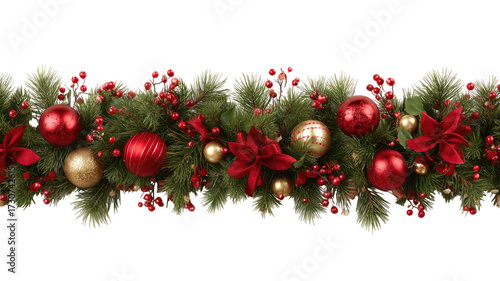 Vertical arrangement of red christmas balls with garland of pine branches festive holiday decoration for seasonal celebration isolated on white background