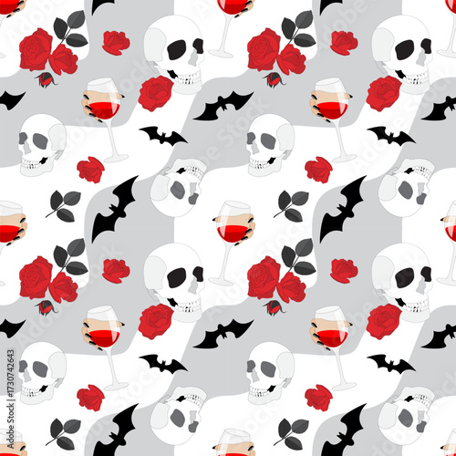 Seamless Halloween pattern with skulls, bats, roses, and wine glasses on a white background. Print, wallpaper, vector illustration