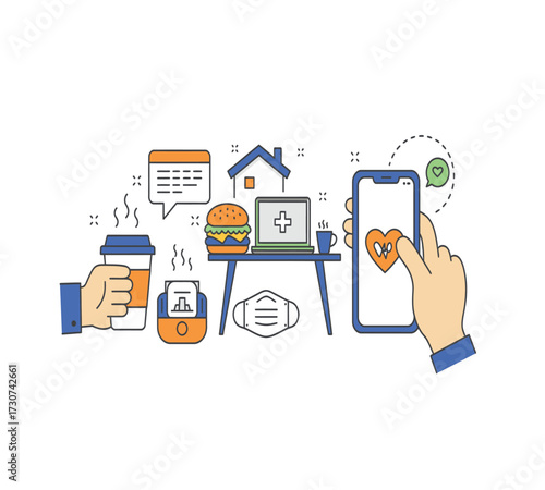 Illustration of a healthy lifestyle with a coffee cup, a red mug, a burger, a leaf, a computer, a trash can, a lamp, and a smartphone concept of balance and wellbeing