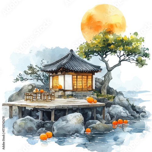Korean Seaside Games, watercolor clipart vector, isolated on a white background.