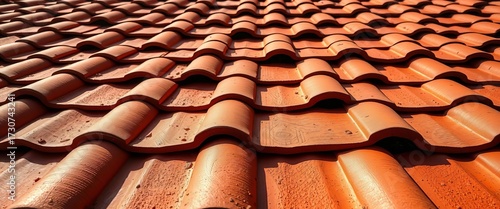Rustic rosemary red clay roof tiles, textured surface, sunlight,  red clay,  vibrant