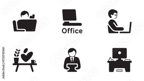 Office work icon set featuring people working at desks simple glyph vector design for websites and presentations isolated on white background