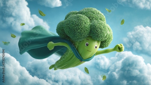 Broccoli superhero flying through clouds. Nutritional power concept