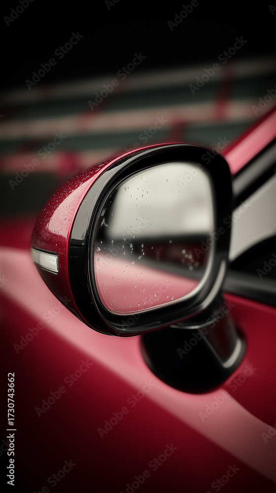 Fototapeta premium Close up of red car side mirror with reflection of blurred background, detail shot of automotive design element suitable for mockup and copy space usage.