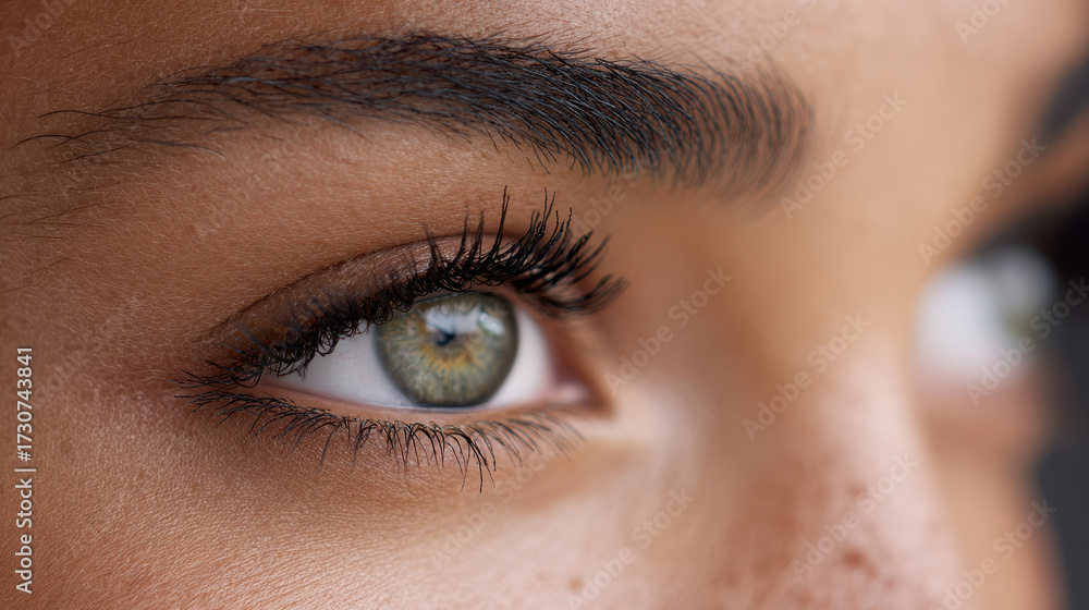 Obraz premium Close up of green eye with long eyelashes and natural eyebrow on smooth skin