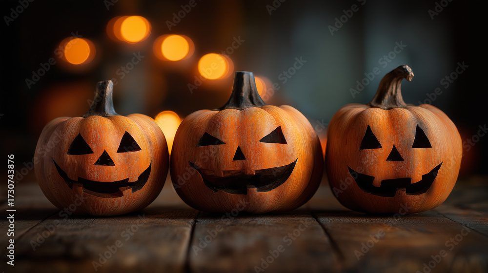 Obraz premium Halloween pumpkins carved jack o lanterns on wood for spooky season holiday decoration