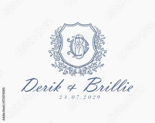 Wedding logo monogram crest vector design royal style blue color illustration monogram crest