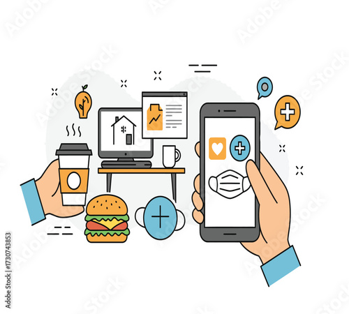 Illustration of a healthy lifestyle with a coffee cup, a red mug, a burger, a leaf, a computer, a trash can, a lamp, and a smartphone concept of balance and wellbeing