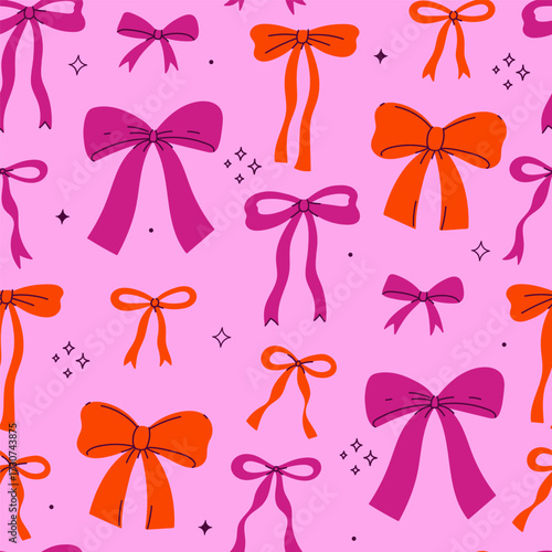 Seamless pattern with pink and red bows. Vector graphics.