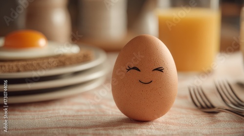 Anthropomorphic egg. Winking expression. Breakfast time humor