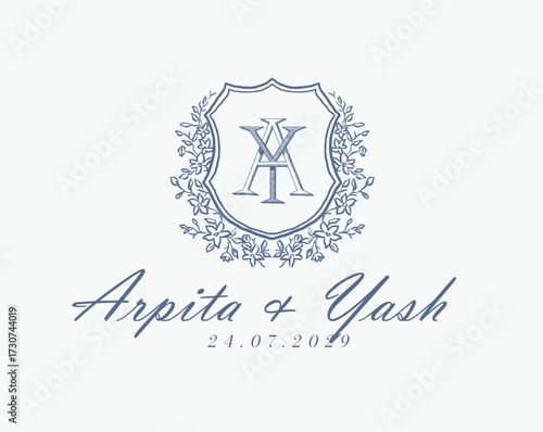 Wedding logo monogram crest vector design royal style blue color illustration monogram crest