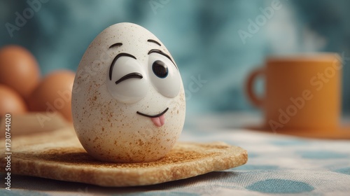 Anthropomorphic egg. Winking expression. Breakfast time humor