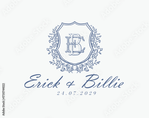 Wedding logo monogram crest vector design royal style blue color illustration monogram crest