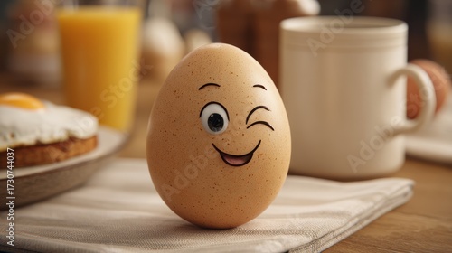 Anthropomorphic egg. Winking expression. Breakfast time humor