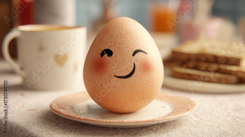 Anthropomorphic egg. Winking expression. Breakfast time humor