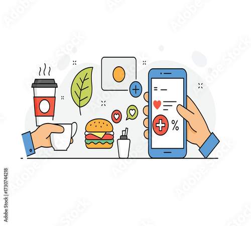 Illustration of a healthy lifestyle with a coffee cup, a red mug, a burger, a leaf, a computer, a trash can, a lamp, and a smartphone concept of balance and wellbeing