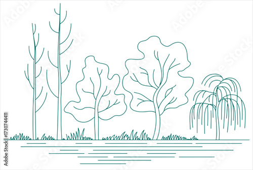 Architectural style minimal tree line drawing in CAD style, side view silhouette of wetland forest section. Clean vector line art illustration with separate elements, simple black and white