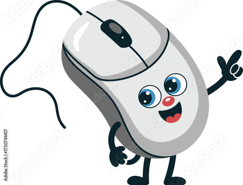 Cartoon computer mouse character pointing finger, funny tech mascot with cord, smiling digital device icon, flat vector illustration, isolated design