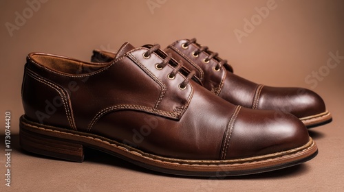 Two pairs of men's dress shoes placed side by side on a brown background,