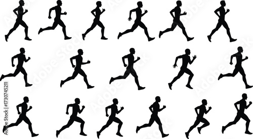 Running silhouettes of athletes in different motion poses, jogging exercise, sport training, marathon activity, workout fitness, vector illustration, endurance speed