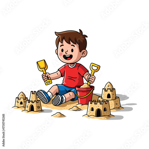 Happy boy building sandcastles on the beach with shovel and bucket