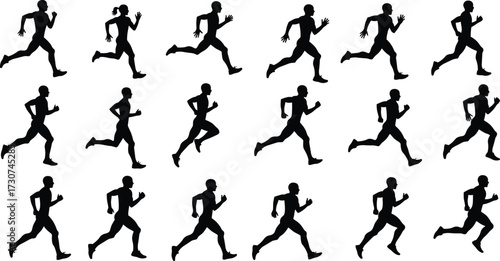 Running silhouettes of athletes in motion, fitness training, jogging workout, sport exercise, marathon activity, endurance speed, vector illustration, health