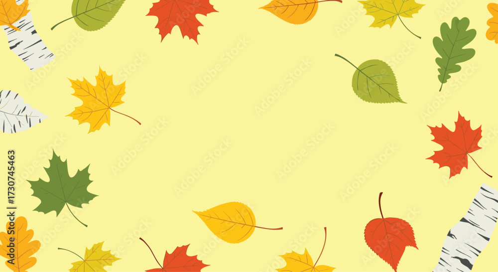 Fototapeta premium A cozy frame of colorful autumn leaves and birch bark textures.