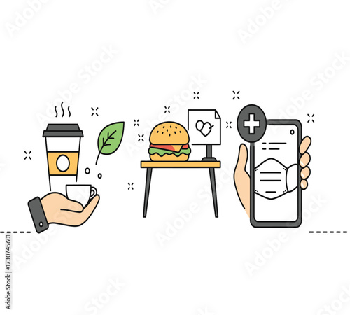 Illustration of a healthy lifestyle with a coffee cup, a red mug, a burger, a leaf, a computer, a trash can, a lamp, and a smartphone concept of balance and wellbeing