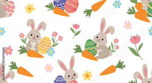 Cute cartoon rabbits with colorful easter eggs and carrots.