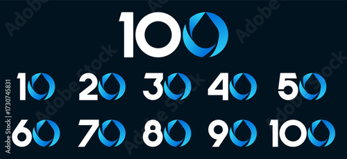 Set of collection numbers 10 to 100 with Water Drop element vector illustration. Water Drop element with numbers 10, 20, 30, 40, 50, 60, 70, 80, 90, 100 for greetings, anniversary and more.