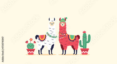 Cute llamas with cacti and festive decorations greeting you hello.