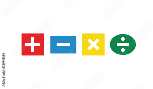 Colorful mathematical symbols representing addition, subtraction, multiplication, and division on a white background.