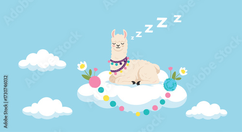 A fluffy llama rests peacefully on a cloud surrounded by colorful decorations.