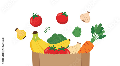 A colorful grocery bag overflowing with fresh fruits and vegetables.