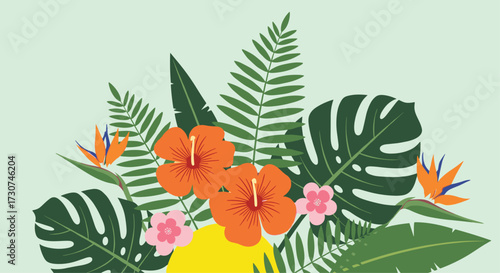 A vibrant tropical floral arrangement featuring hibiscus birds of paradise and monstera leaves.