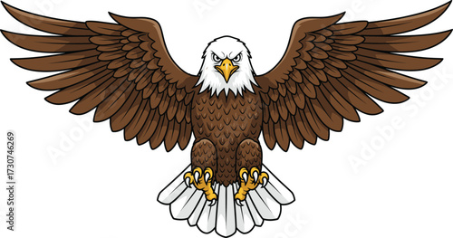Powerful bald eagle illustration with wide wings, sharp talons, fierce eyes, strong predator bird, American symbol, wildlife vector design artwork