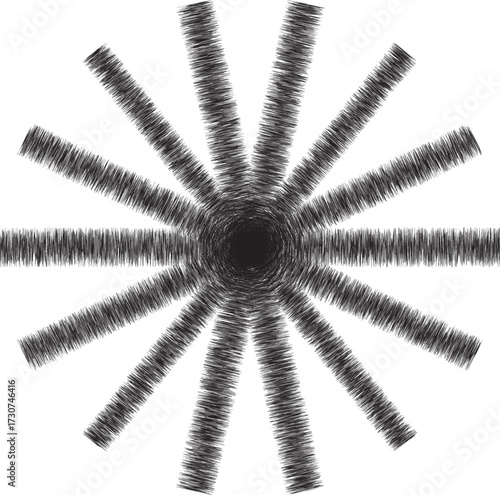 Black starburst radial lines with scribbled texture on white background Keywords: starburst, radial, lines, abstract, graphic