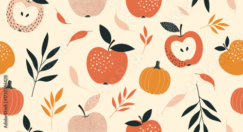 A cheerful autumnal pattern featuring apples and leaves.