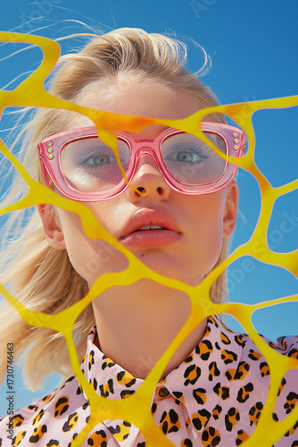 Editorial fashion close-up of woman behind abstract yellow mesh with pink sunglasses. A creative and playful image with sunny tones and bold style.