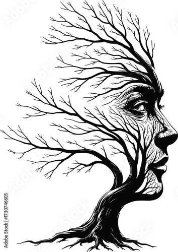Surreal double exposure illustration of human face with tree branches, abstract art design, nature concept, conceptual artwork, creative vector silhouette
