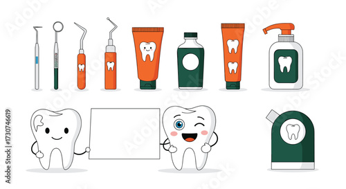 Cute cartoon dental hygiene and care products with smiling teeth characters.