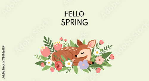 Hello spring a cute fawn rests peacefully amongst blooming flowers.