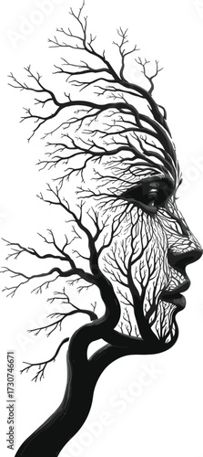 Creative double exposure illustration of human face silhouette with tree branches, abstract art, surreal design, nature connection, conceptual artwork, vector